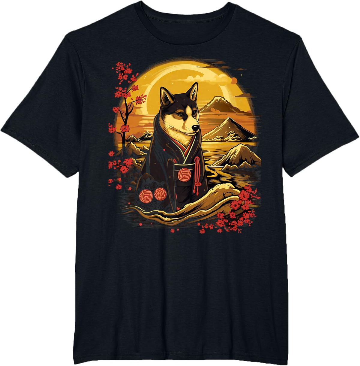Vintage Japanese Art Samurai Black and tan Shiba Inu T-Shirt - Black