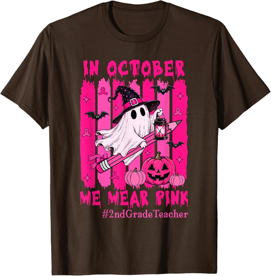 Ghost in October We Wear Pink Stripes 2nd Grade Teacher T-Shirt - Brown