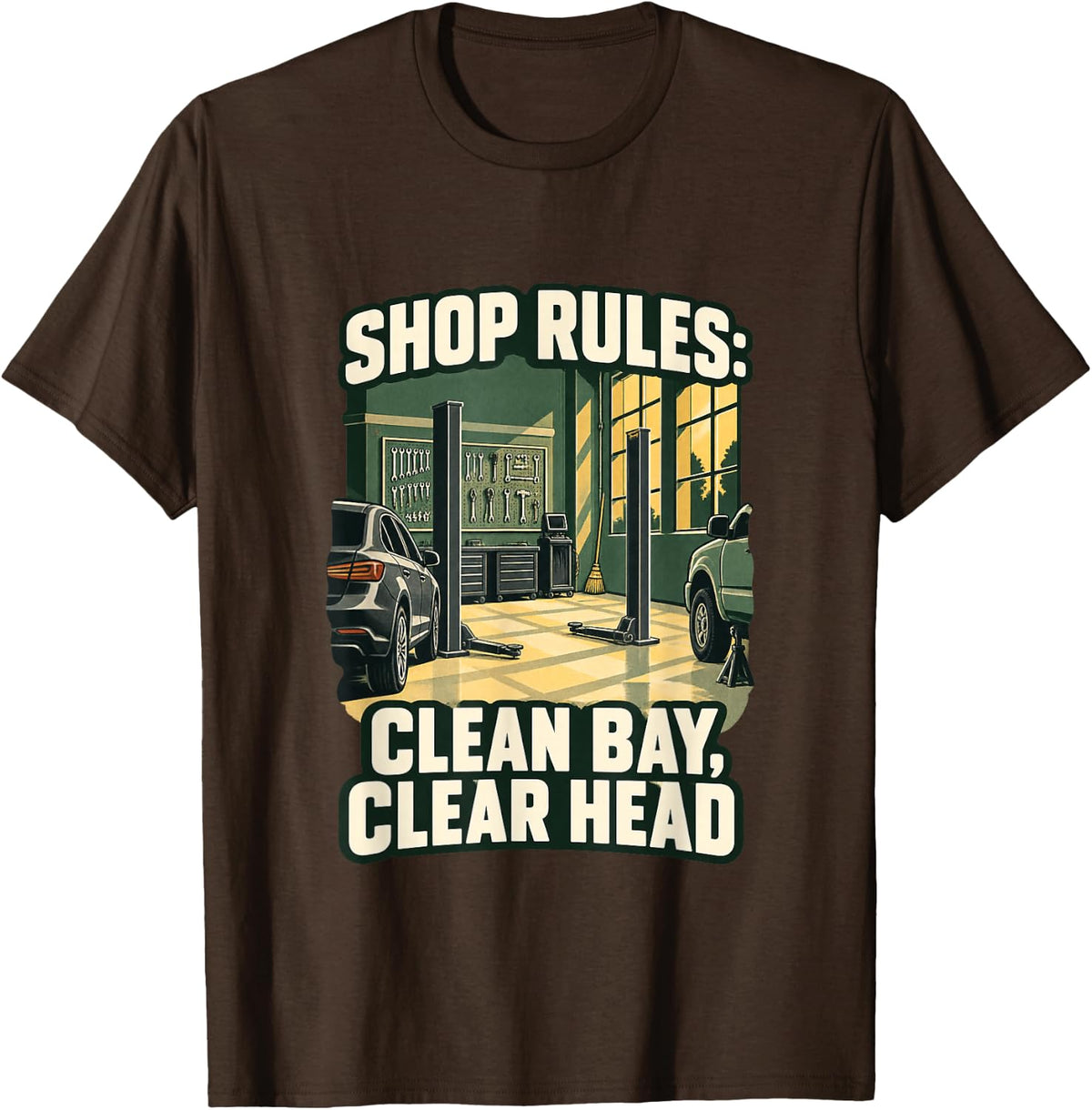 Auto Mechanic Organized Bay and Clear Focus T-Shirt - Brown