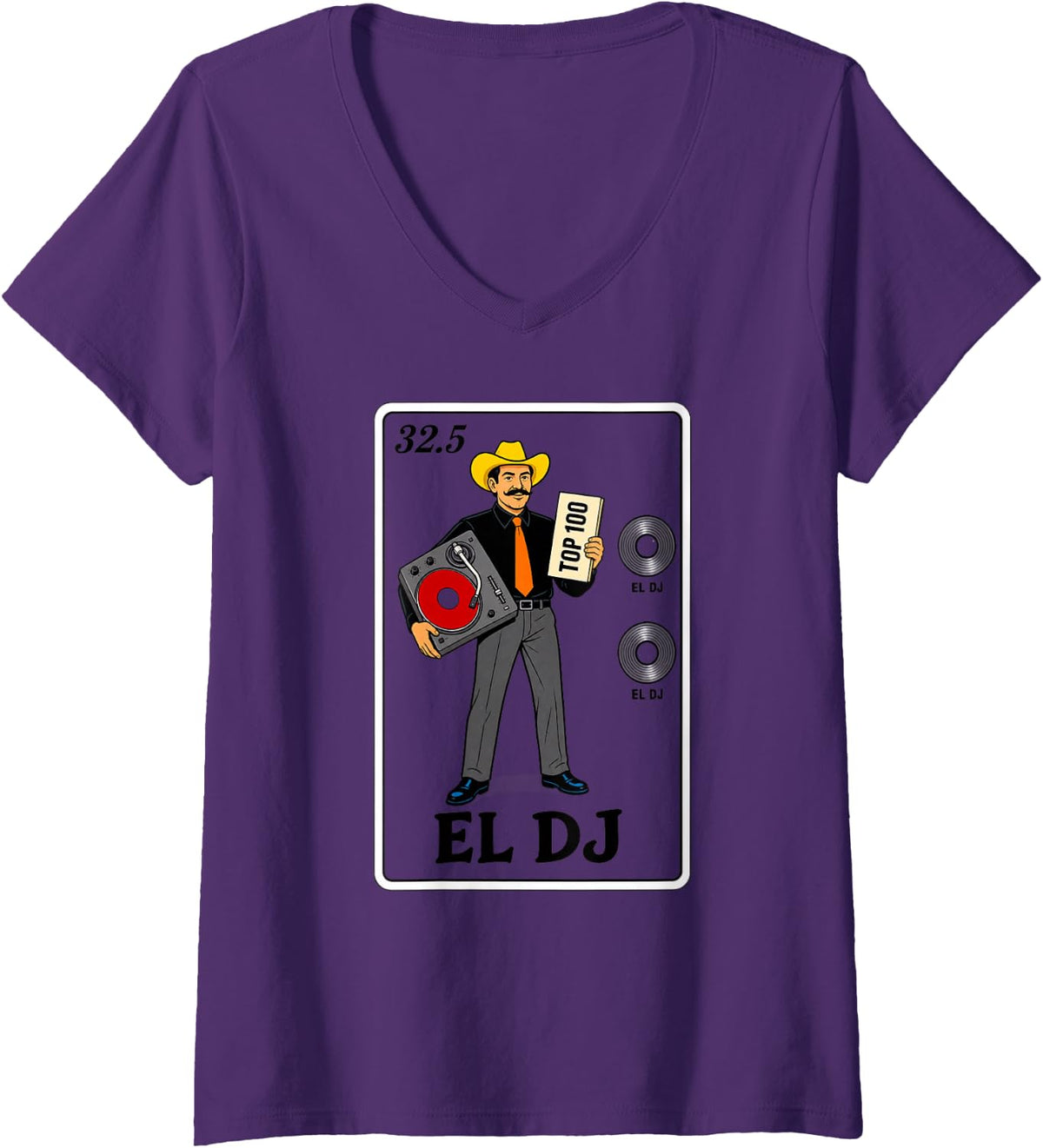 Women's 32.5 Top 100 El Dj Cowboy Turntable Vinyl Records V-Neck T-Shirt - Purple