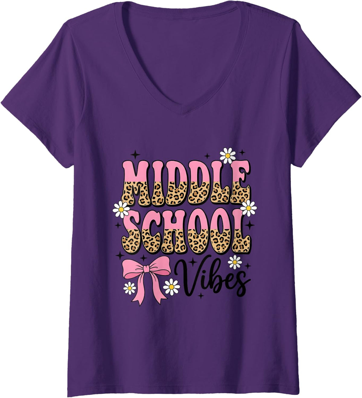 Women's Middle School Vibes Leopard Print Bow Daisy Student V-Neck T-Shirt - Purple