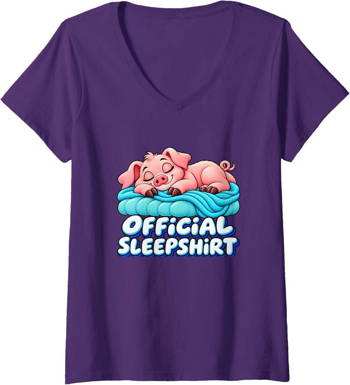 Women's Cute Sleeping Pig Official Sleepwear Pigs Lover Art V-Neck T-Shirt - Purple
