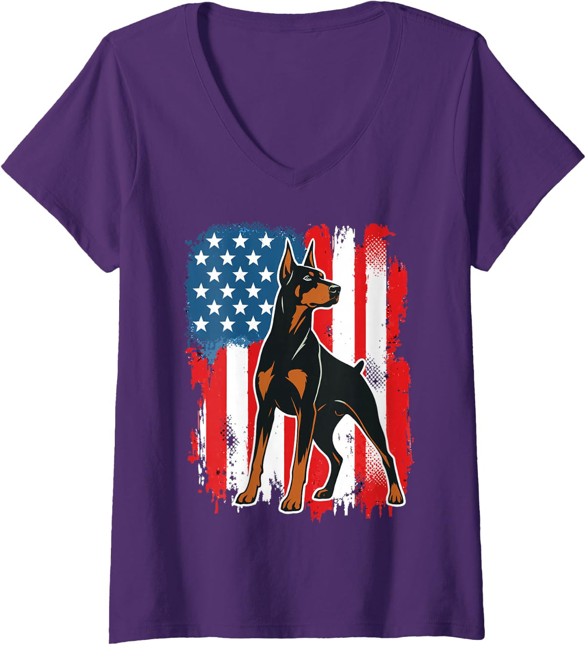 Women's American Flag Doberman Mom Dad Doberman Pinscher V-Neck T-Shirt - Purple