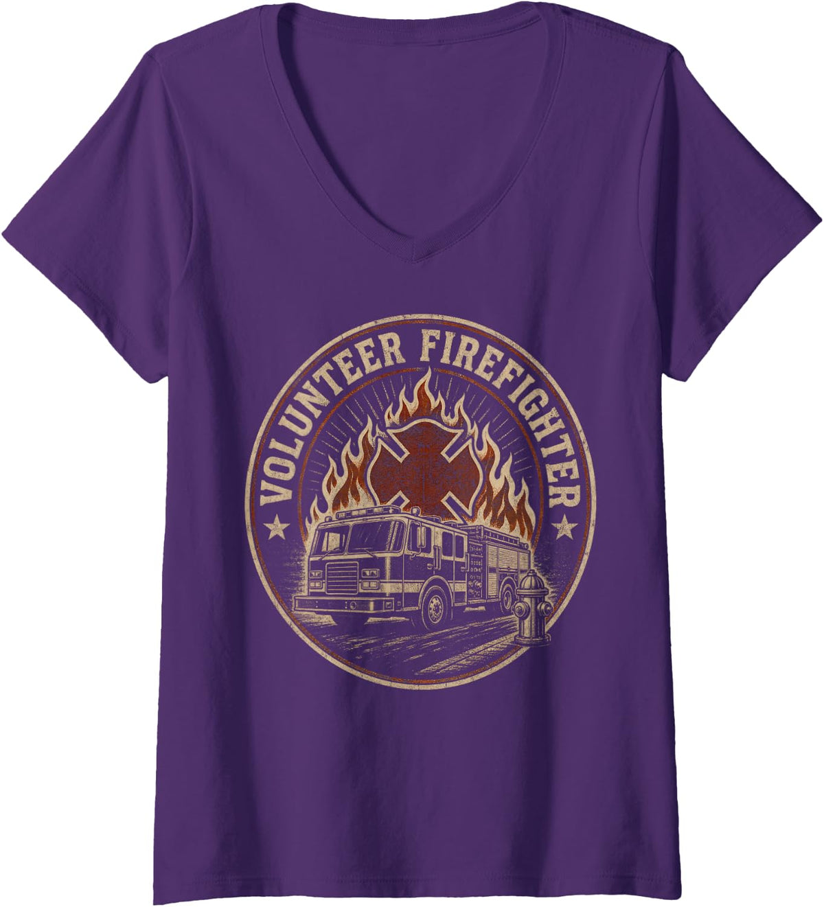 Women's Volunteer Firefighter Maltese Cross Engine V-Neck T-Shirt - Purple