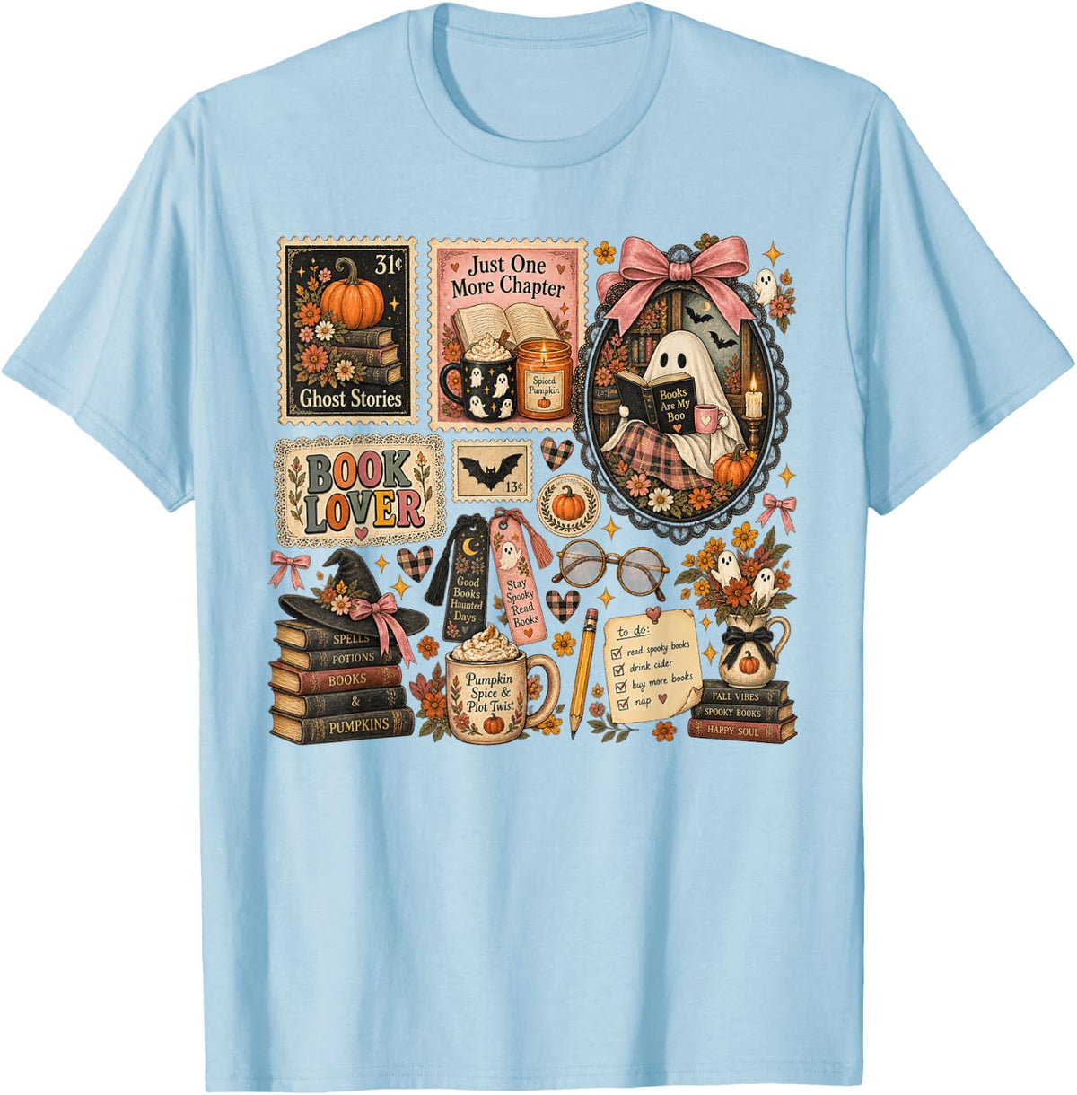 Autumn Book Lover Halloween Ghost Librarian Costume T-Shirt - Baby Blue