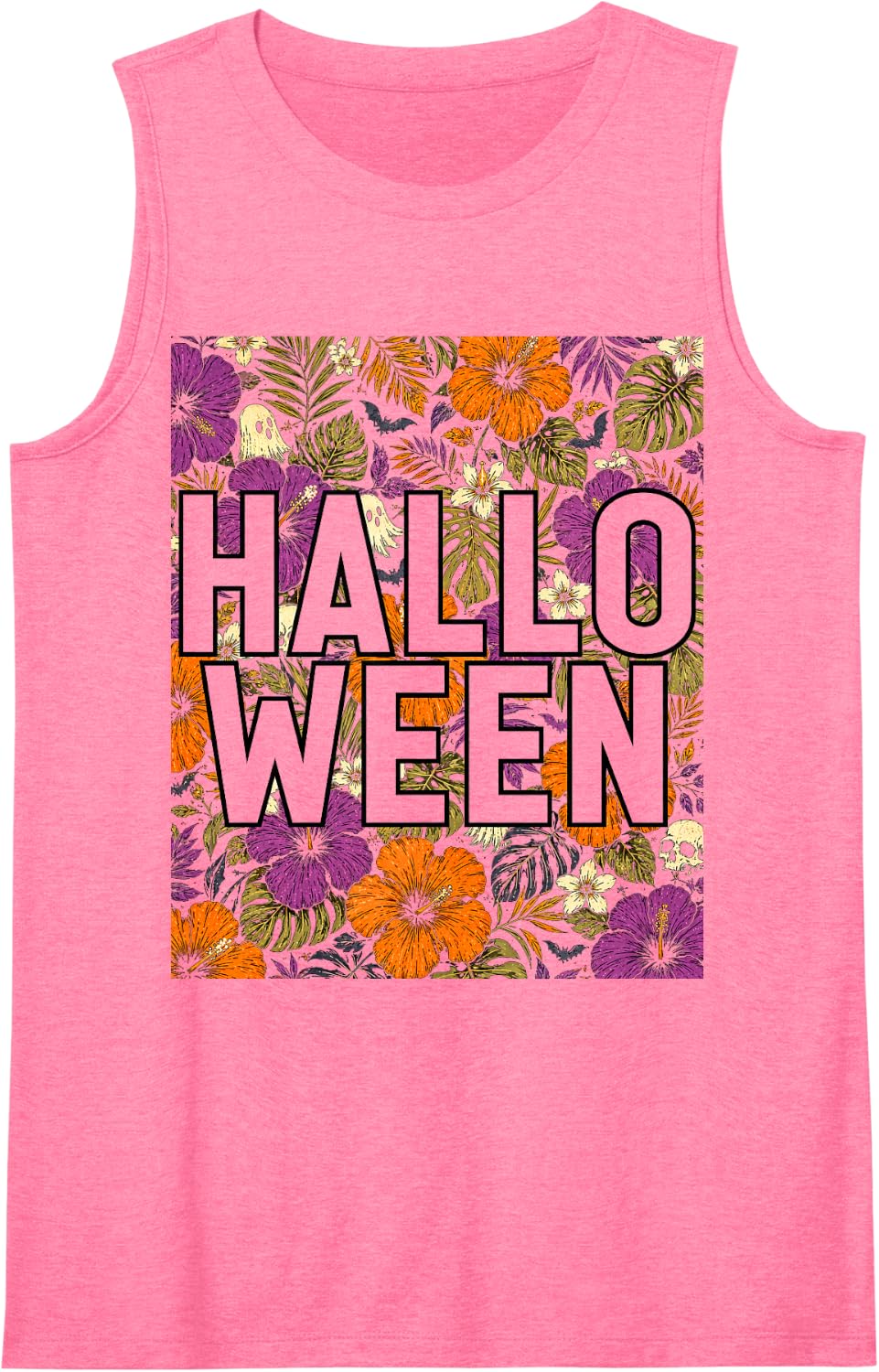 Halloween Hawaiian Tropical Floral Spooky Season Ghosts Bats Sleeveless Tank Top - Pink