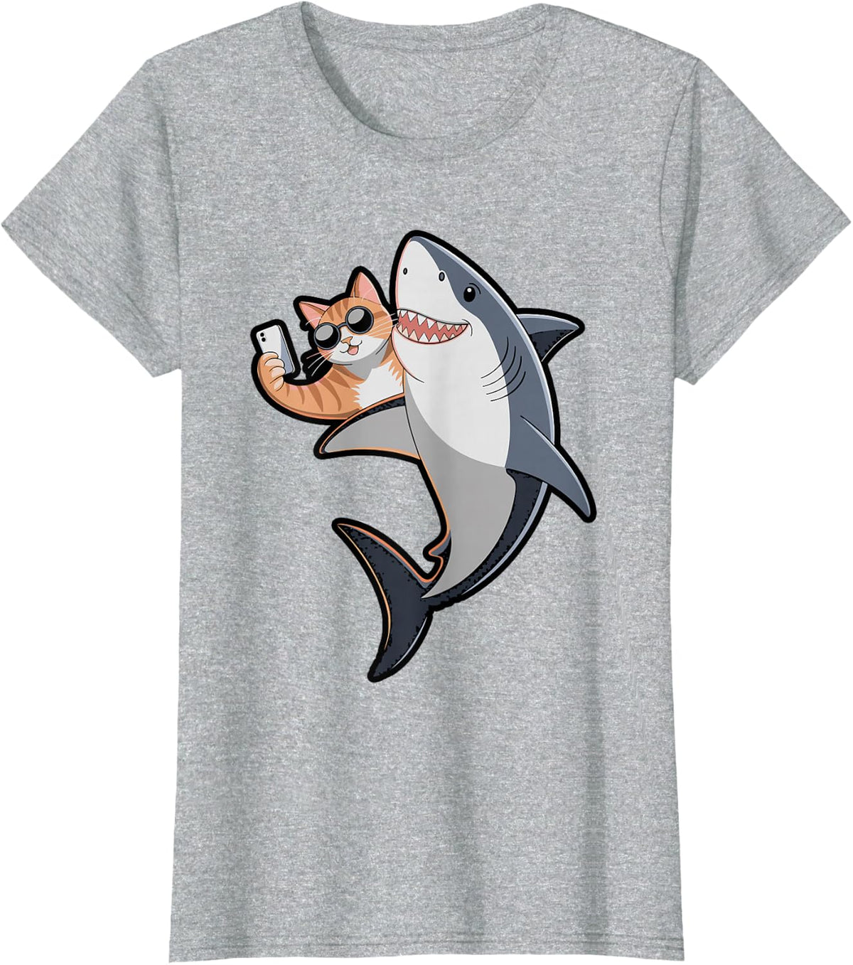 Cat Selfie Shark Photobomb Funny T-Shirt - Heather Grey