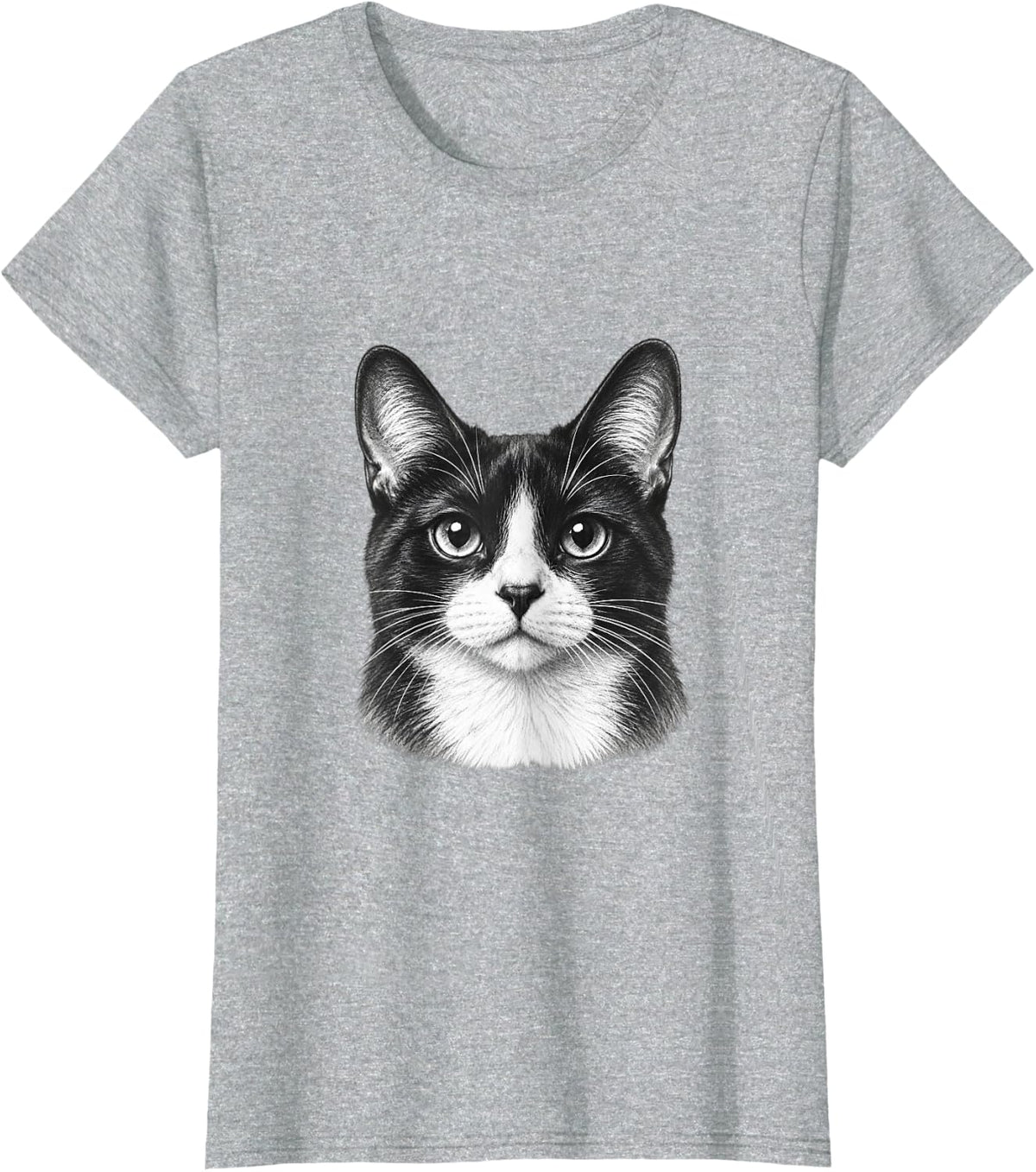 Black White Cat Portrait T-Shirt - Heather Grey