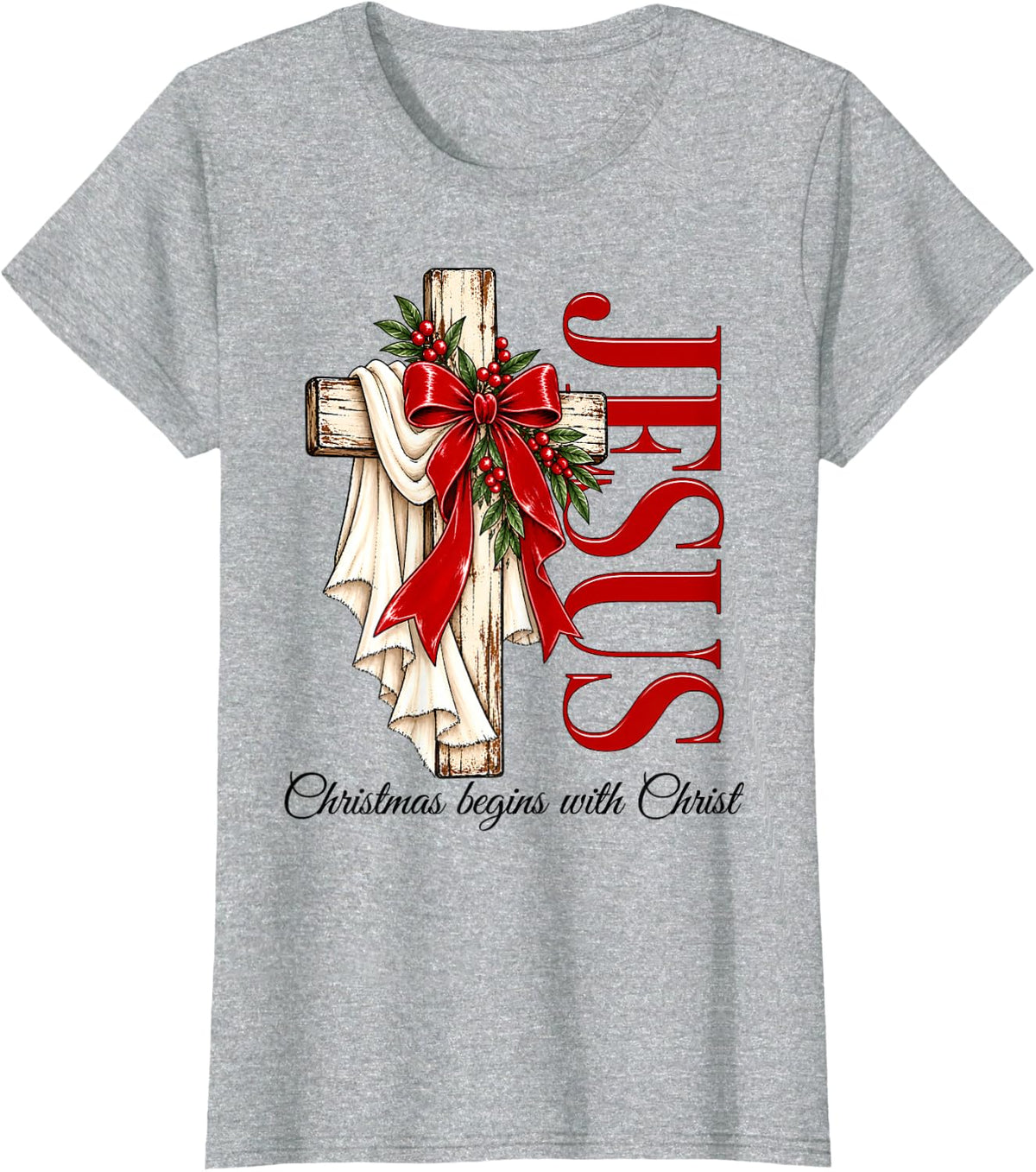 Christmas Begins with Christ Religious Jesus Xmas T-Shirt - Heather Grey