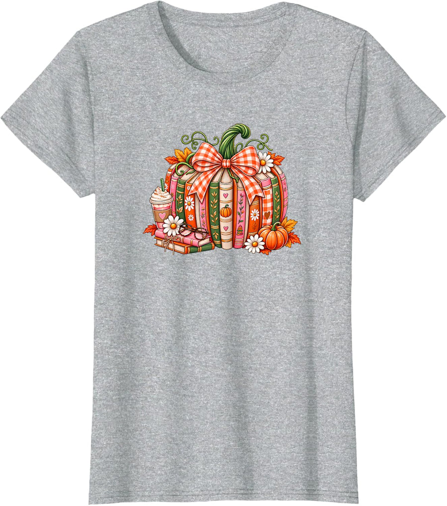 Fall Reading Teachers Pumpkin Book Lovers Daisy Autumn Bows T-Shirt - Heather Grey