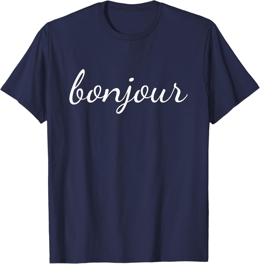 Bonjour T Shirt French Language Saying Teacher Student Men Women Girls Kids T-Shirt - Navy Blue
