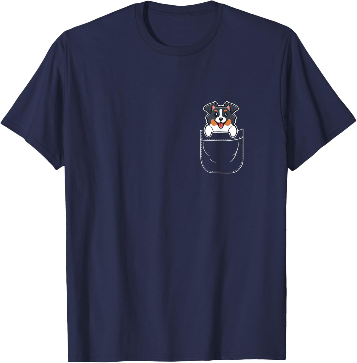 Cute Australian Shepherd Dog in Pocket T-Shirt for Men Women Kids - Navy Blue