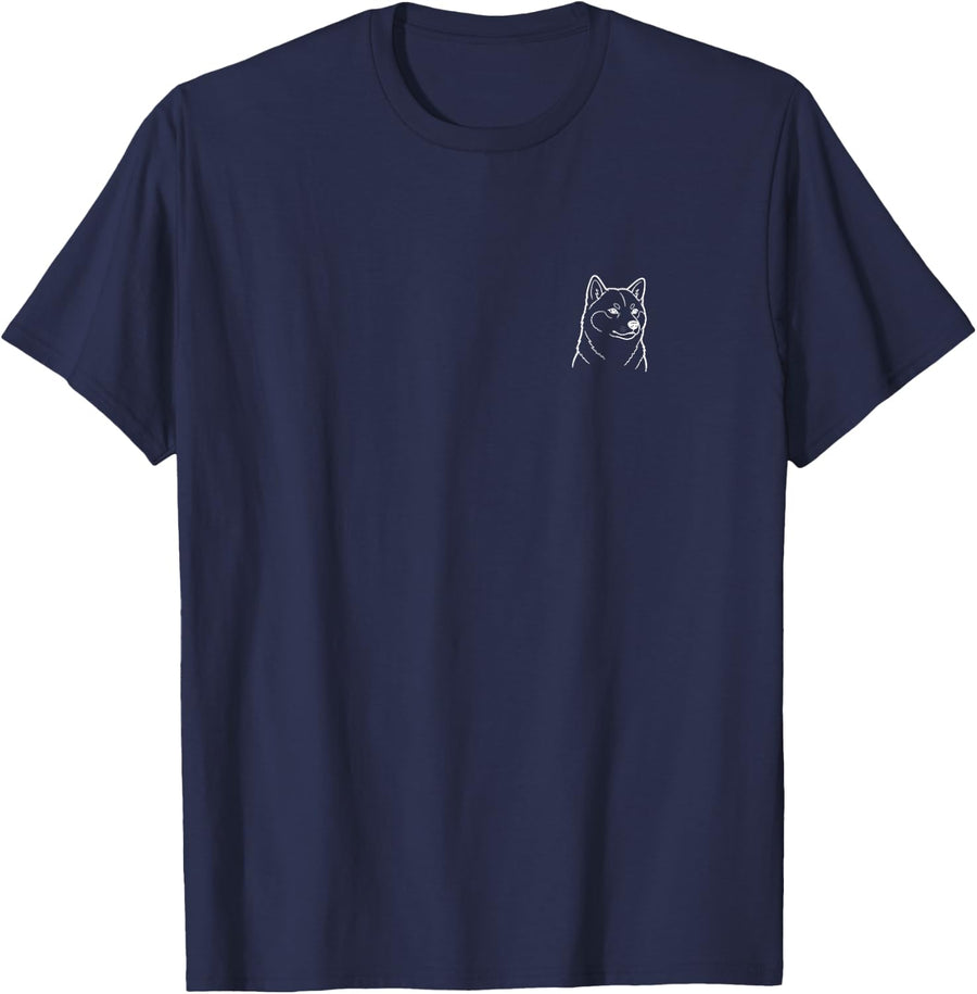 Shiba Inu Dog Lover Cute Minimalist Doodle Pocket T-Shirt - Navy Blue
