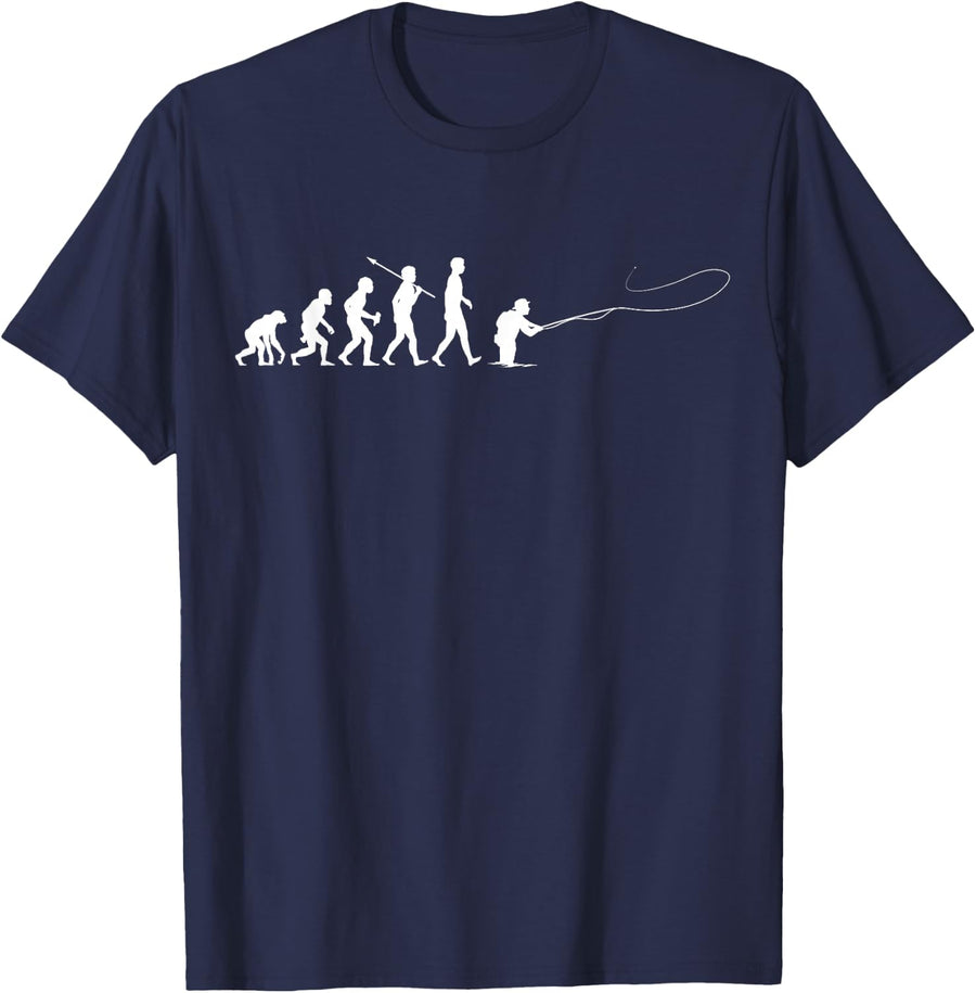 Evolution of Man Fly Fishing T-Shirt for Men and Women Fishing Tees - Navy Blue