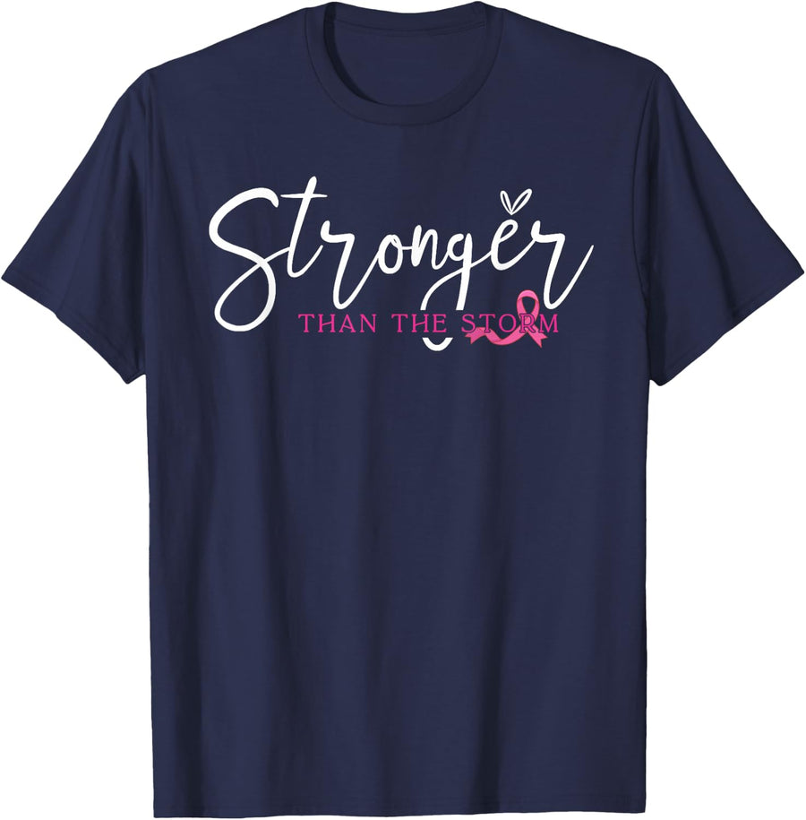 Stronger Than Storm Breast Cancer Survivor Shirt Pink Ribbon Warrior Tee T-Shirt for Women - Navy Blue