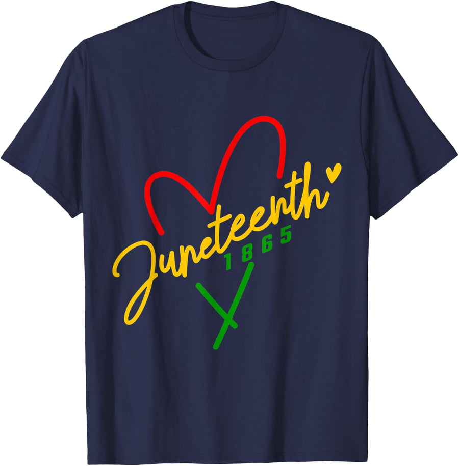 Juneteenth 1865 Heart Sign African American Flag Black Pride T-Shirt Tee for Men Women - Navy Blue