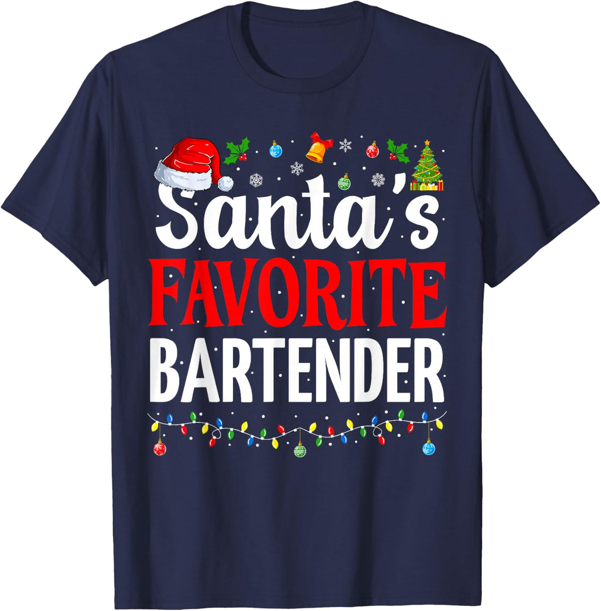 Santa’s Favorite Bartender Mixologist Christmas Bartender T-Shirt - Navy Blue