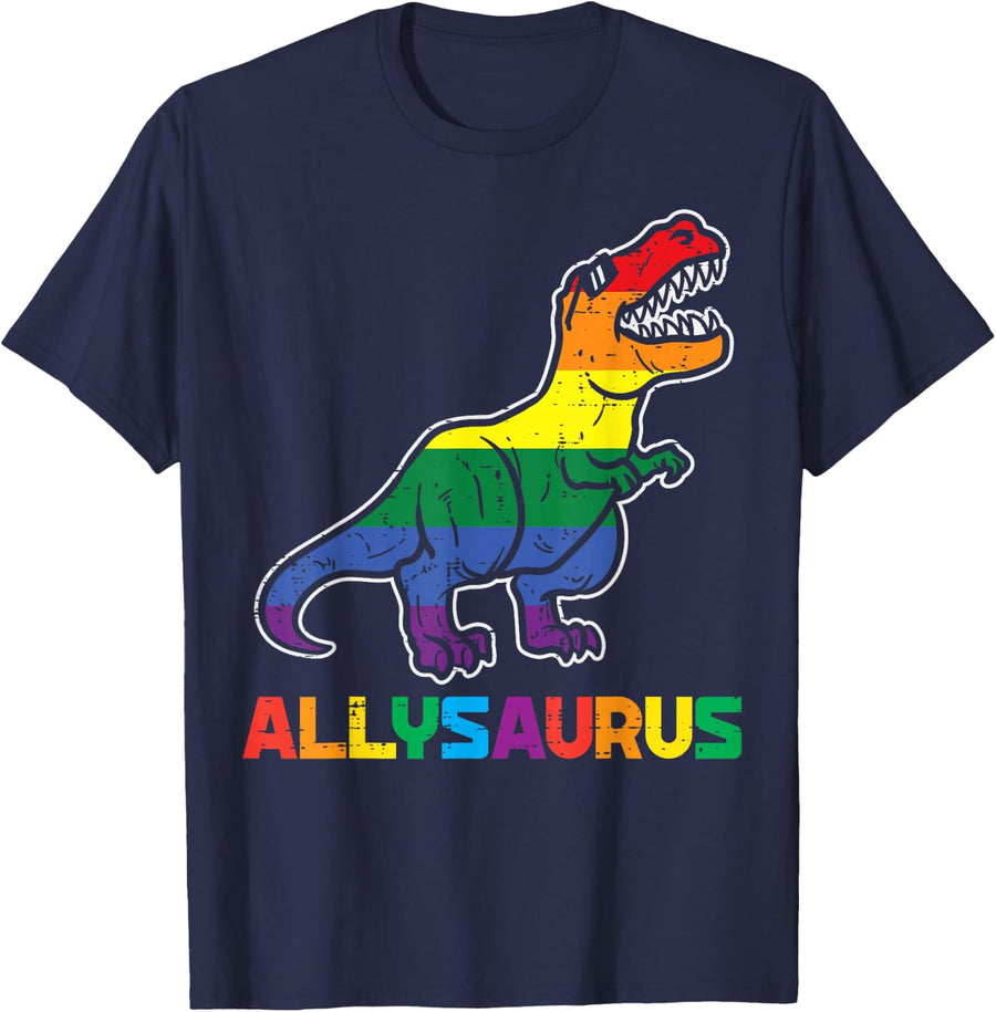 Rainbow Trex Allysaurus Gay Pride Flag LGBTQ Dino Ally Boys T-Shirt - Navy Blue