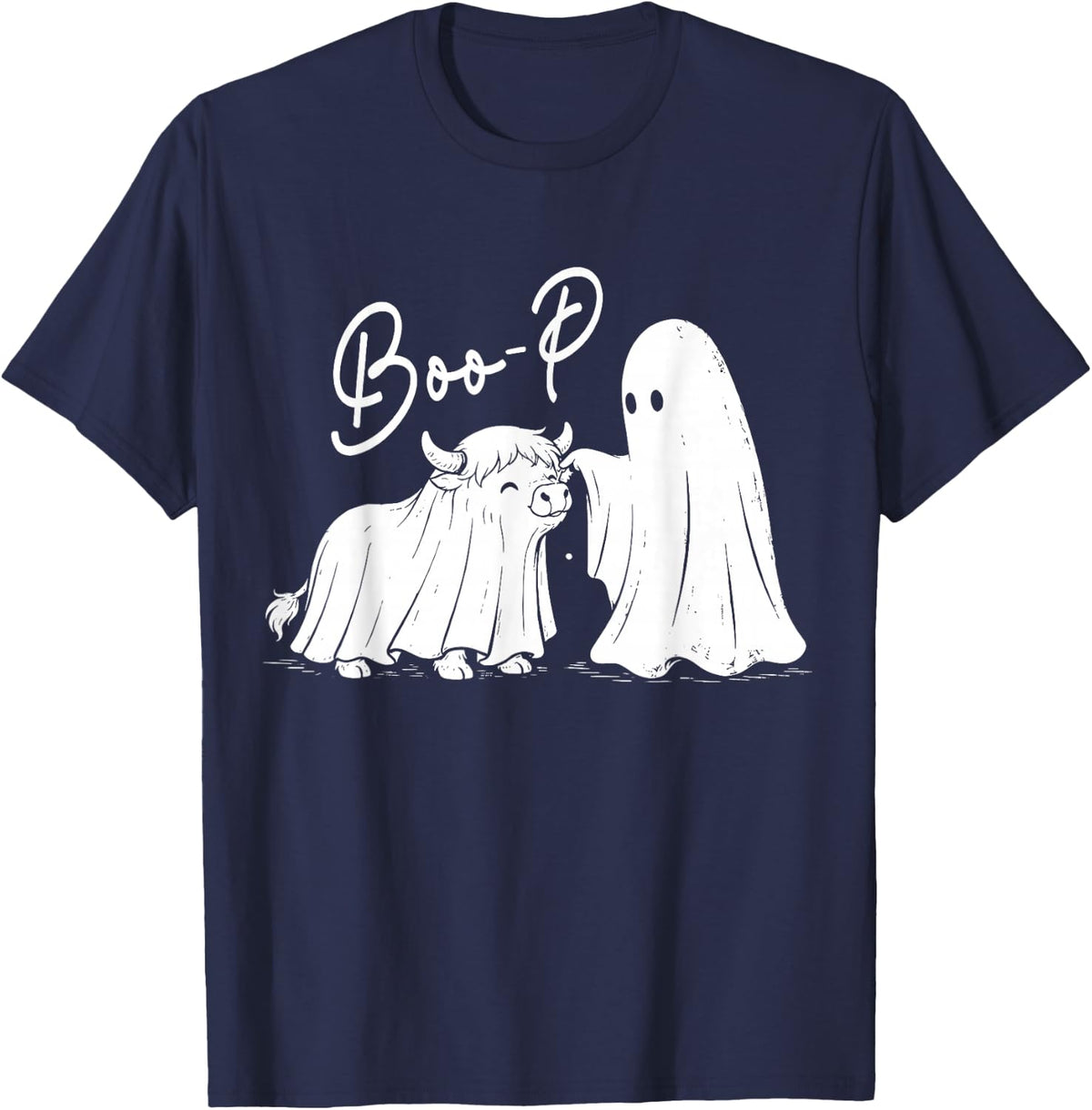 Retro Boo-P Ghost Highland Cow Halloween Spooky Season T-Shirt - Navy Blue