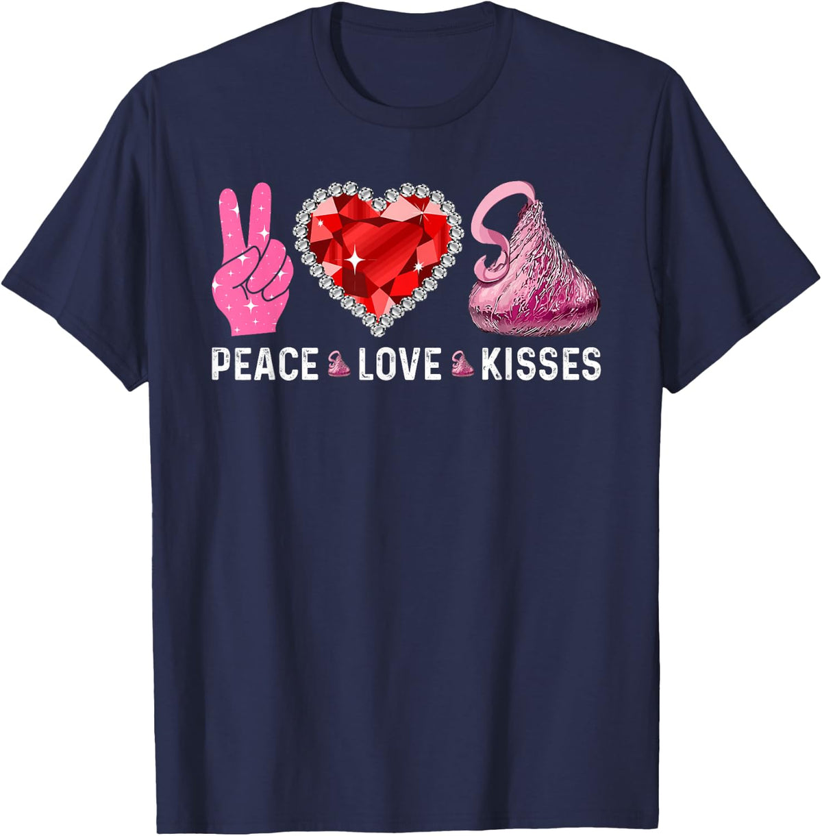 Valentines Day Peace Love Heart Chocolate Kisses Graphic T-Shirt - Navy Blue
