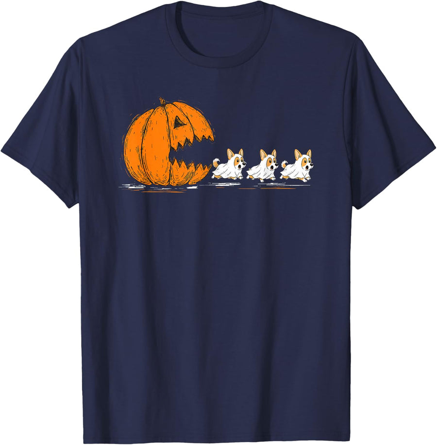 Corgi Dog Halloween Pumpkin Ghost Chase Dog Lover T-Shirt - Navy Blue