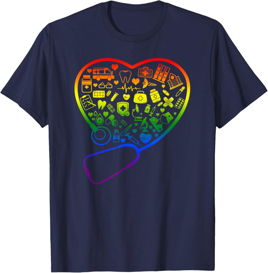Rainbow Flag Stethoscope Heart Nurse Doctor LGBT Ally Pride T-Shirt - Navy Blue