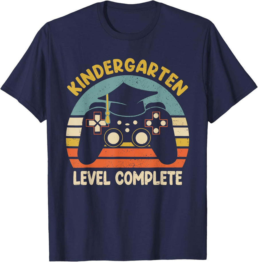 Kindergarten Level Complete Last Day Of School Video Gamer T-Shirt - Navy Blue