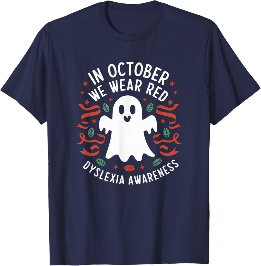 In October We Wear Red Dyslexia Awareness Ghost T-Shirt - Navy Blue
