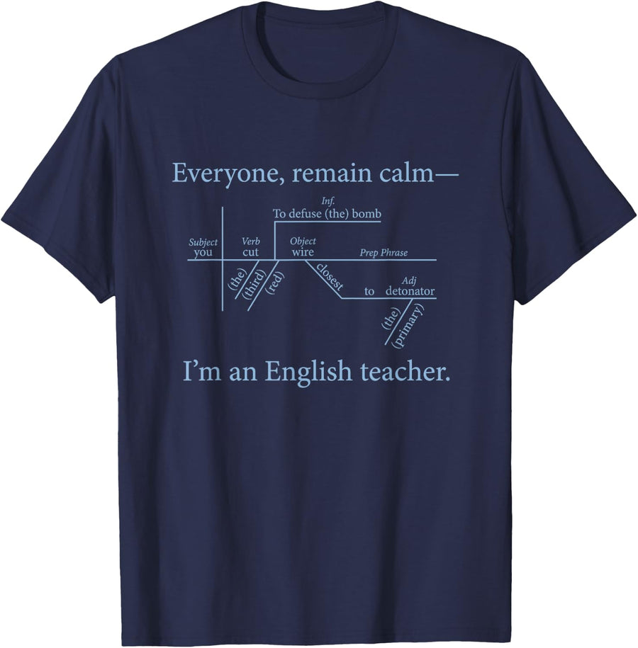 Funny Remain Calm Im an English Teacher Sentence Diagram T-Shirt - Navy Blue