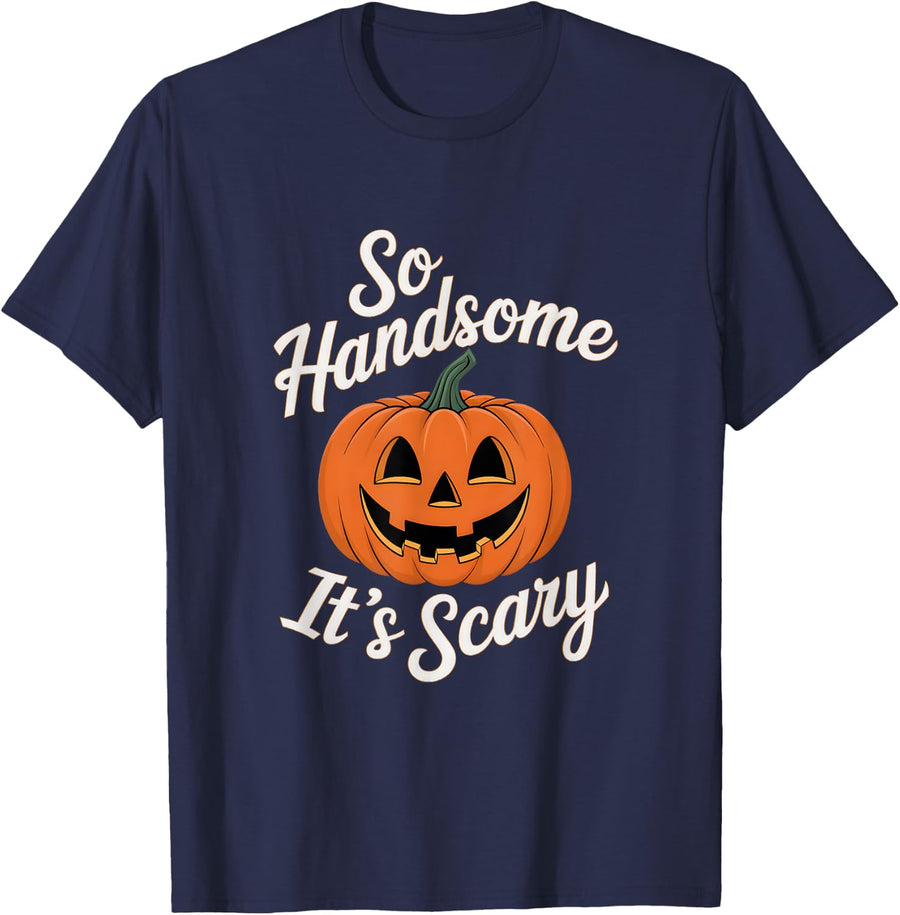 So Handsome It's Scary Pumpkin Funny Halloween Pun T-Shirt - Navy Blue