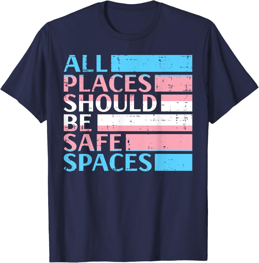 Transgender All Spaces Safe Trans Pride Flag LGBT Women Men T-Shirt - Navy Blue