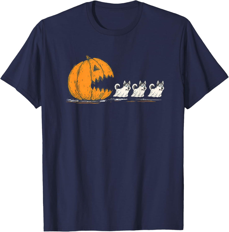 Husky Dog Halloween Pumpkin Ghost Chase Dog Lover T-Shirt - Navy Blue