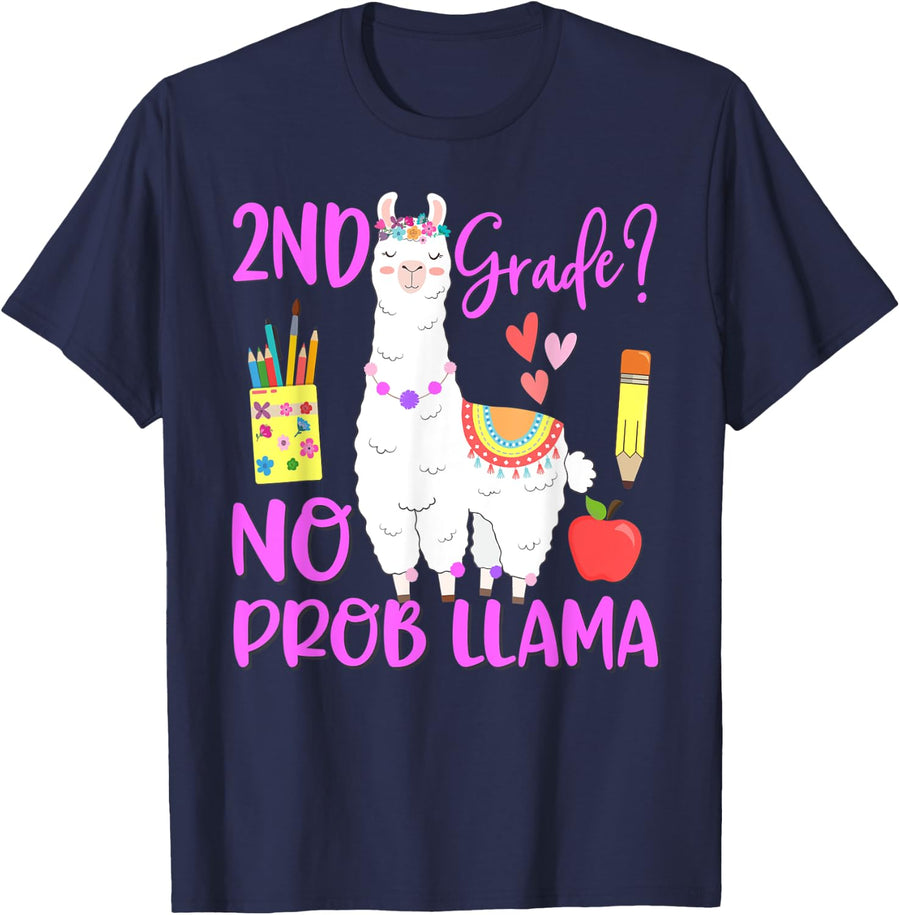 2nd Grade No Prob-Llama Teacher Student First Day Of School Men Women Kids T-Shirt - Navy Blue