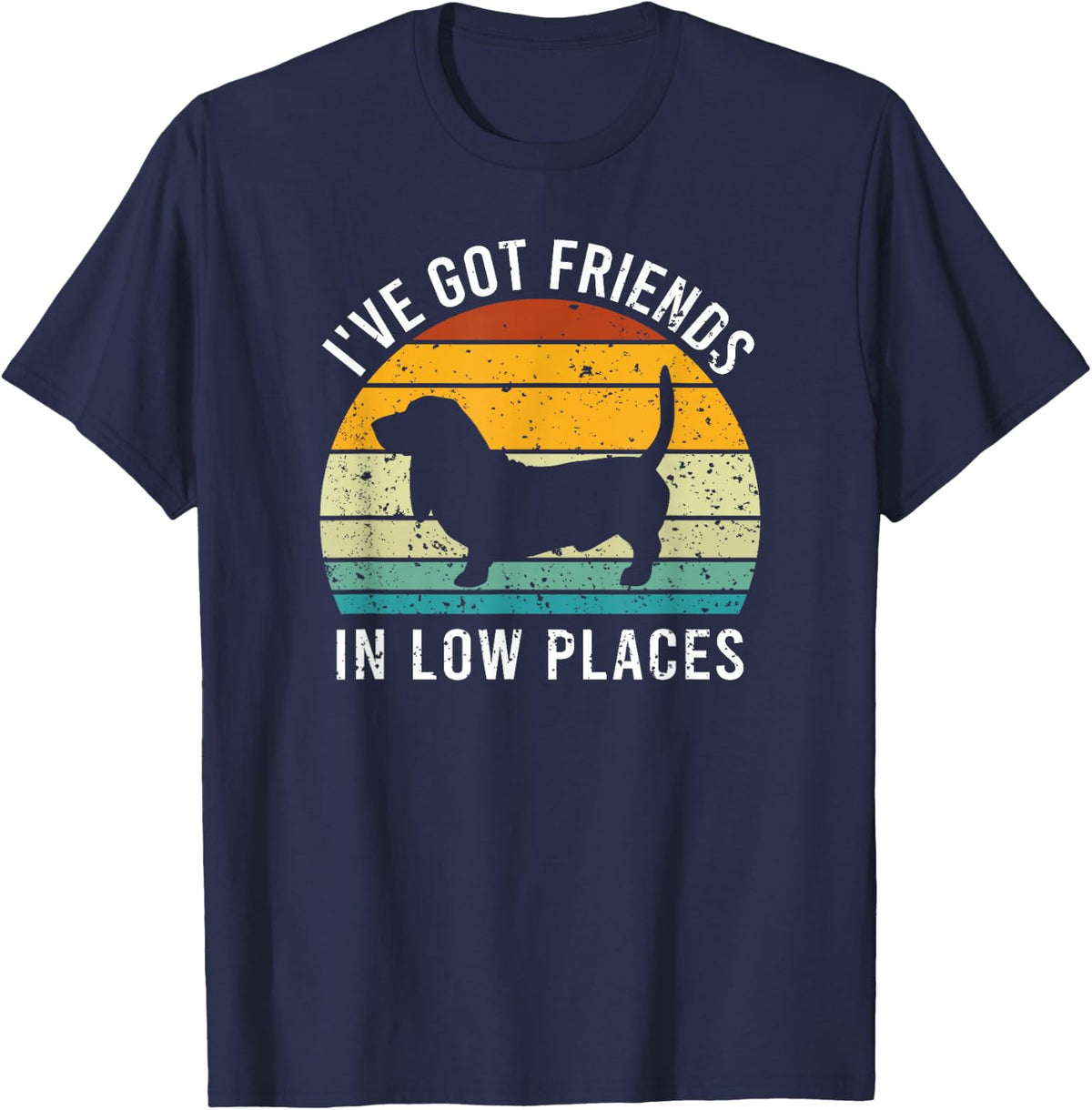I Have Friends in Low Levels Basset Hound Retro T-Shirt - Navy Blue