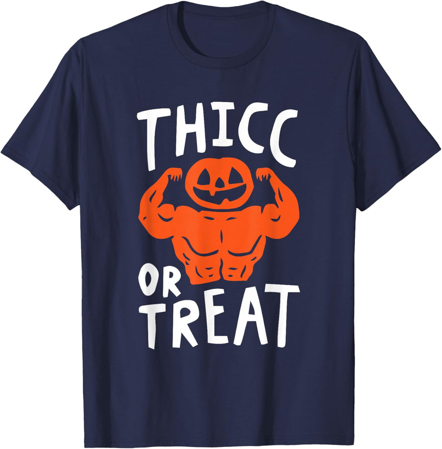 Trick Or Treat Pun Lazy Halloween Costume Workout Gym Lover T-Shirt - Navy Blue