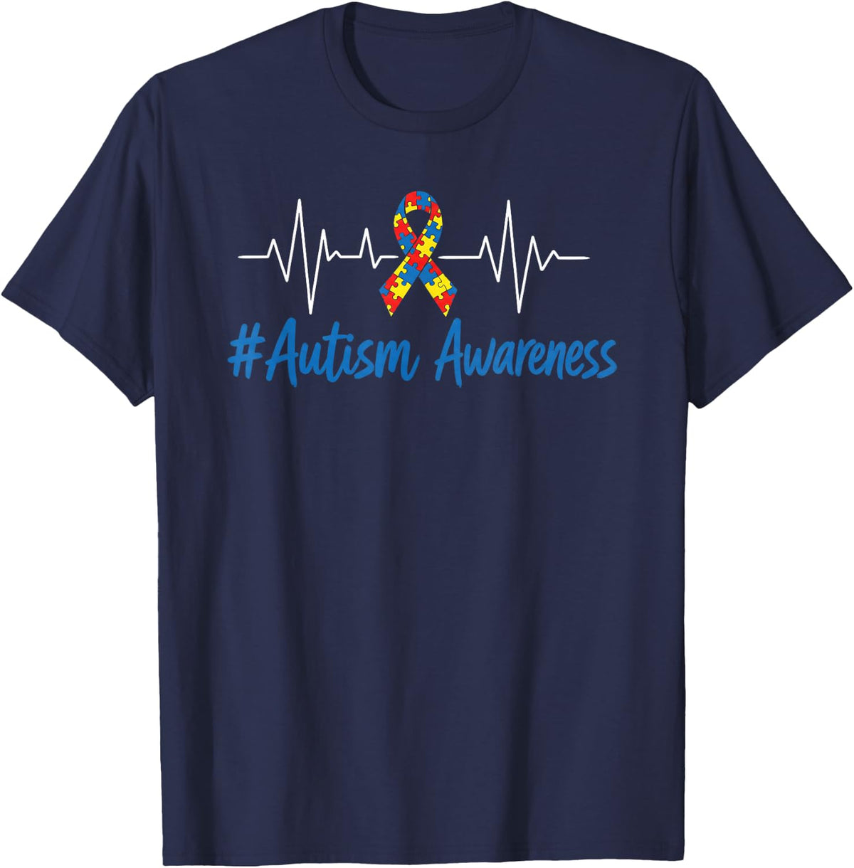 Autism Awareness Heartbeat Puzzle Ribbon Support Squad T-Shirt - Navy Blue