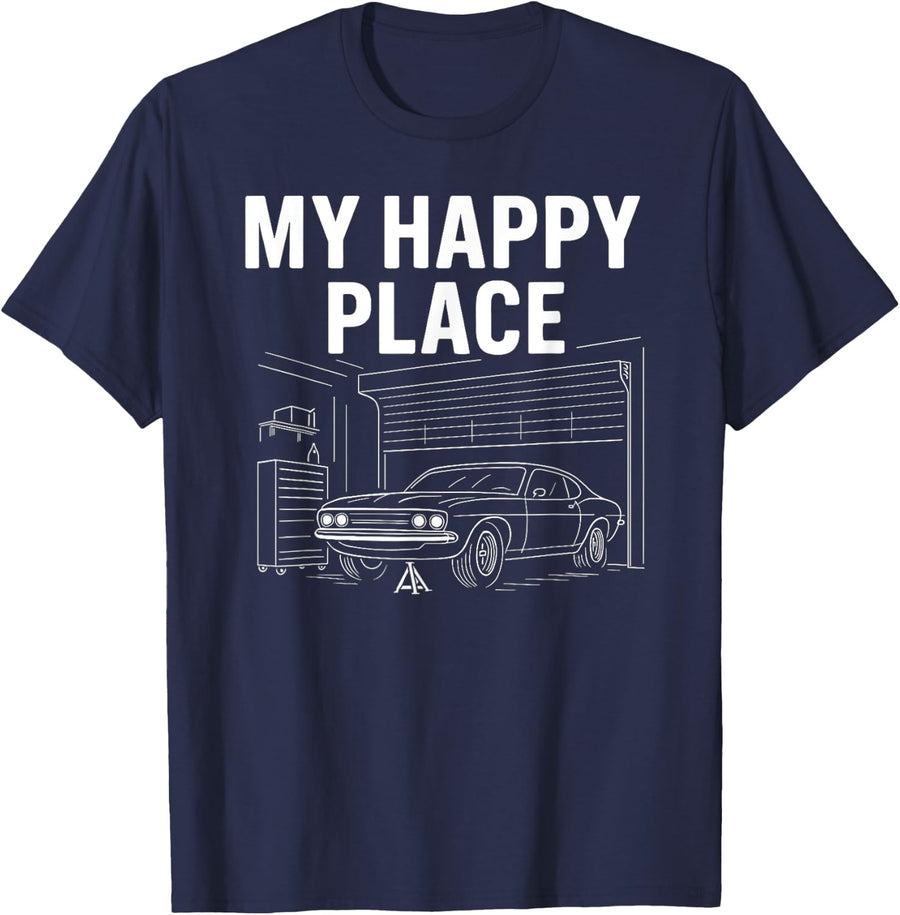 My Happy Place - Car Guy Muscle Car Mechanic T-Shirt - Navy Blue