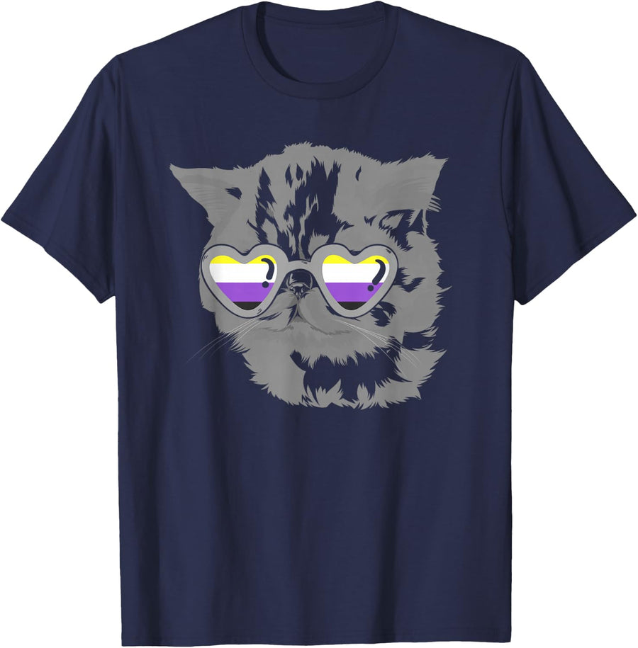 Non Binary Cat Lover Cool Sunglasses LGBTQIA Non Binary T-Shirt - Navy Blue