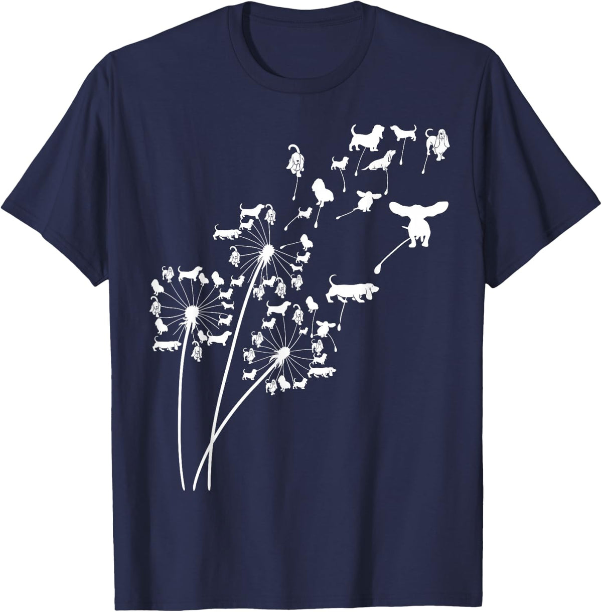 Dandelion Basset Hound Flower, Floral Basset Hound Tree T-Shirt - Navy Blue