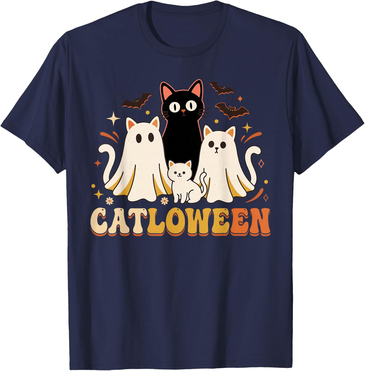 Retro Ghost Cat Halloween Shirt, Cute Spooky Catloween T-Shirt - Navy Blue