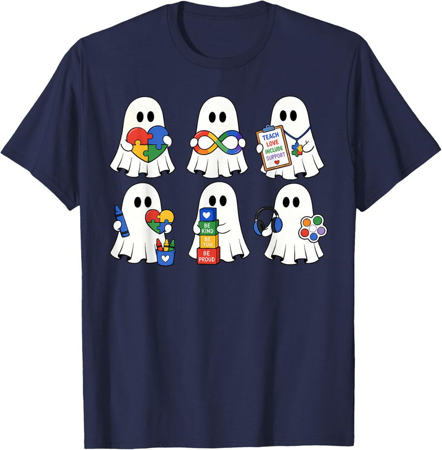Halloween Sped Teacher Autism Ghost Teacher Halloween T-Shirt - Navy Blue