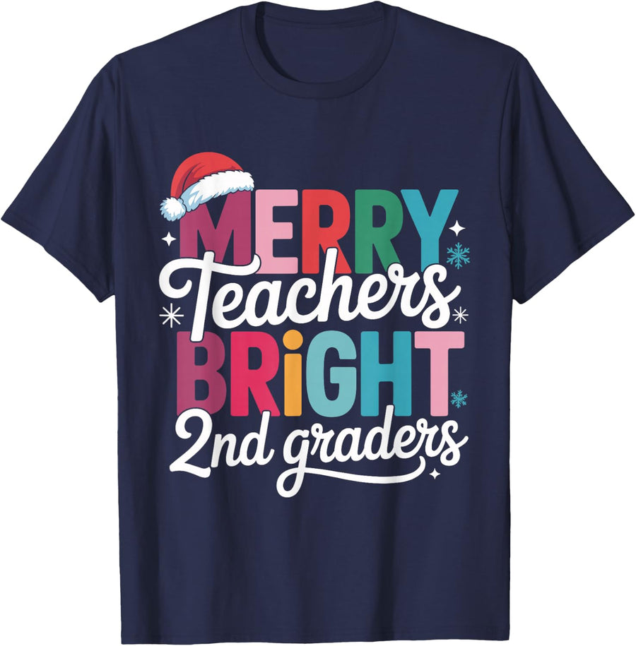 Merry Teachers Bright 2nd Graders Funny Holiday Xmas Tee T-Shirt - Navy Blue