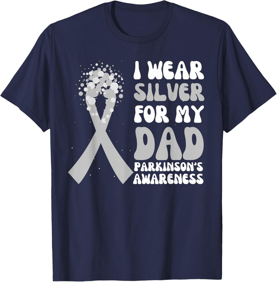 I Wear Silver For My Dad Parkinson's Awareness Ribbon Hope T-Shirt - Navy Blue