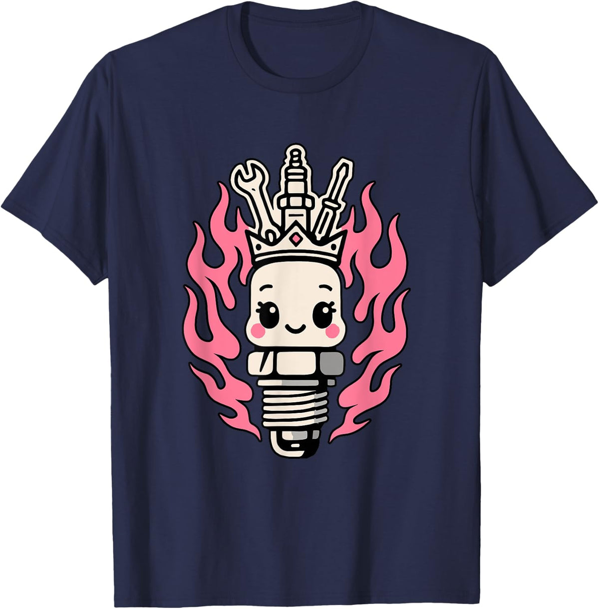 Cute Spark Plug Princess Pink Flame Garage Car Mechanic T-Shirt - Navy Blue