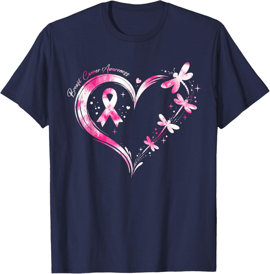 Breast Cancer Awareness Pink Ribbon Heart Dragonflies Women T-Shirt - Navy Blue