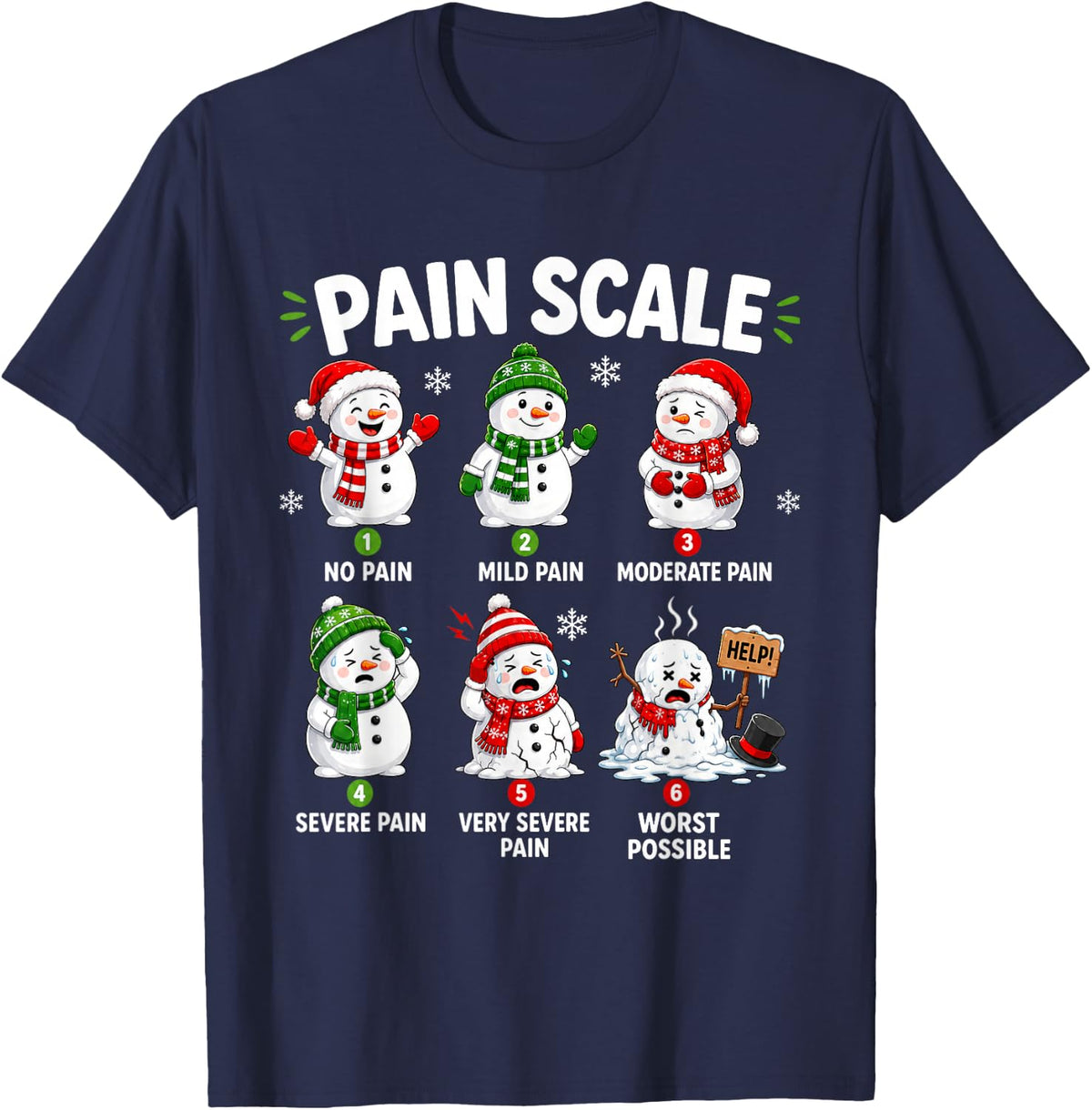 Snowman Pain Scale Christmas Medical Humor for Nurses T-Shirt - Navy Blue