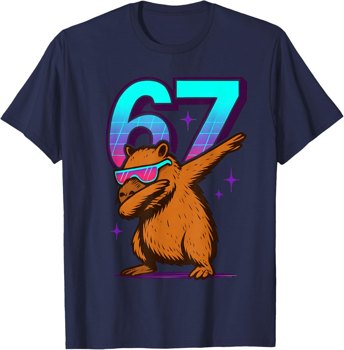Neon Retro Dabbing Capybara 67 Meme Capy Lover Teens Kids T-Shirt - Navy Blue