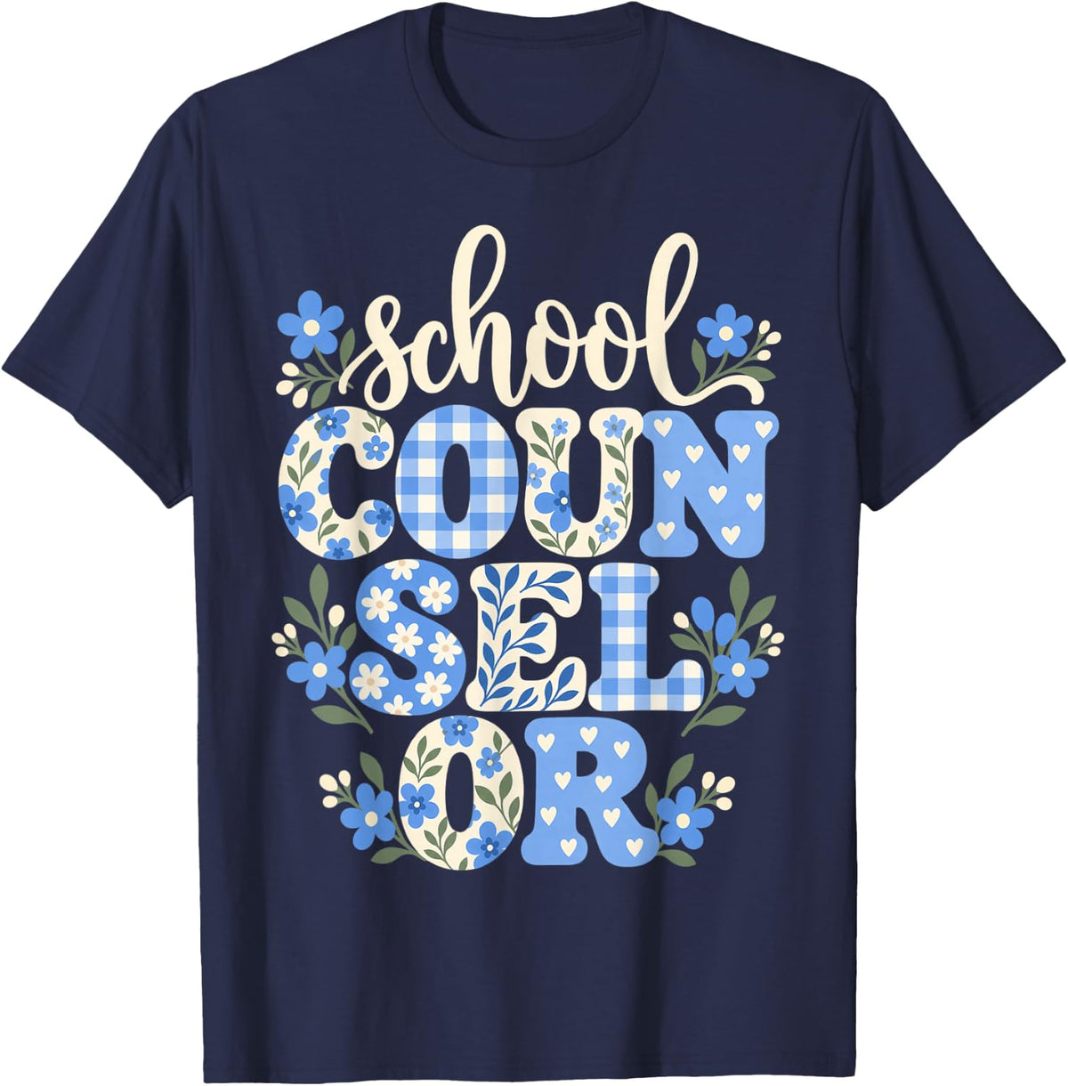 School Counselor Blue Floral Letters T-Shirt - Navy Blue