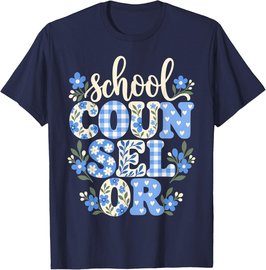 School Counselor Blue Floral Letters T-Shirt - Navy Blue