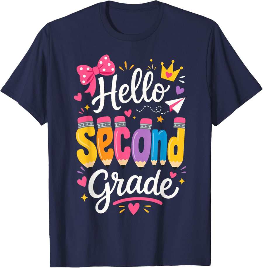 Hello Second Grade Coquette Bow Girls Back to School T-Shirt Tee for 2nd Graders First Day of School - Navy Blue